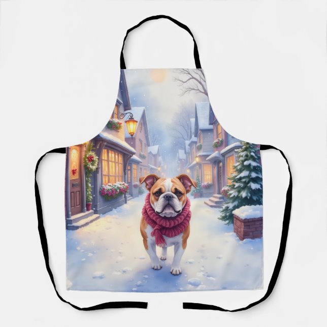 English Bulldog Snowy Christmas Village Holiday Apron (Front)