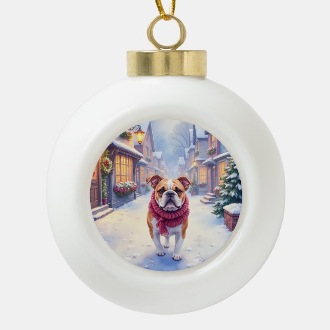 English Bulldog Snowy Christmas Village Holiday Ceramic Ball Christmas Ornament (Front)