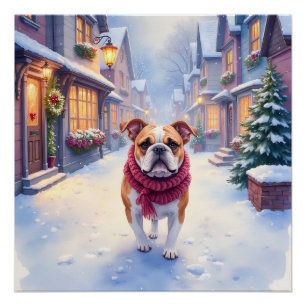 English Bulldog Snowy Christmas Village Holiday Poster