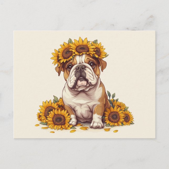 English Bulldog Sunflower Crown Postcard (Front)