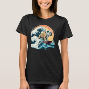 English Bulldog Surfing On the Great Wave of Kanag T-Shirt
