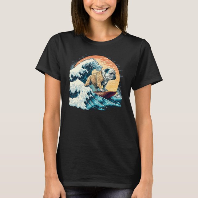 English Bulldog Surfing On the Great Wave of Kanag T-Shirt (Front)