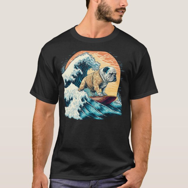 English Bulldog Surfing On the Great Wave of Kanag T-Shirt (Front)