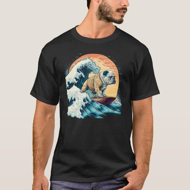 English Bulldog Surfing On the Great Wave of Kanag T-Shirt (Front)