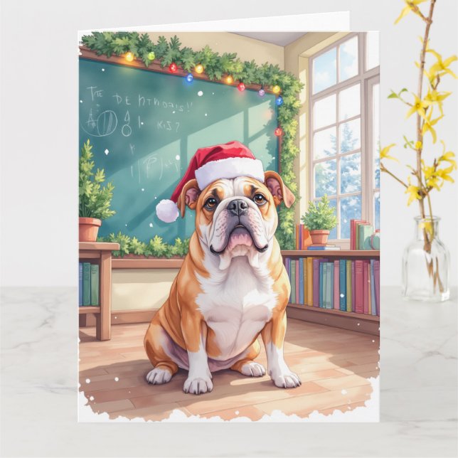 English Bulldog Teacher Classroom Santa Hat Card (Yellow Flower)