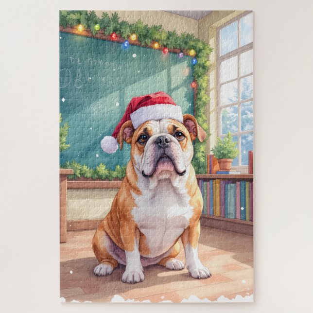 English Bulldog Teacher Classroom Santa Hat Jigsaw Puzzle (Vertical)