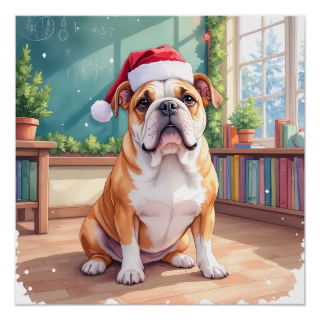 English Bulldog Teacher Classroom Santa Hat Poster (Front)