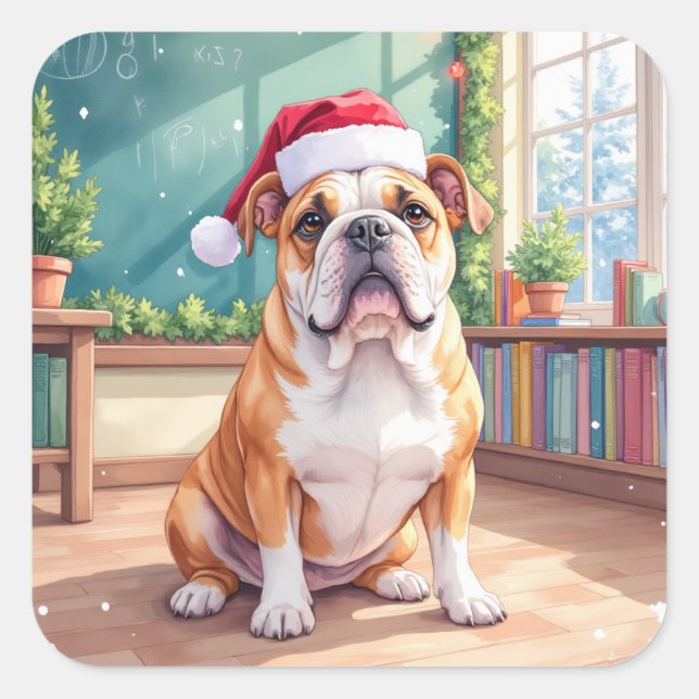 English Bulldog Teacher Classroom Santa Hat Square Sticker (Front)