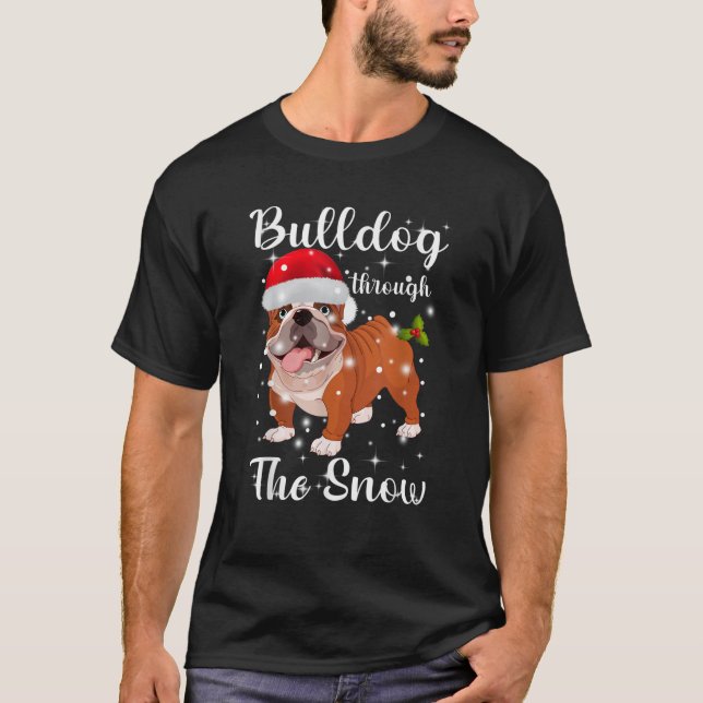 English Bulldog Through The Snow Christmas Dog Lov T-Shirt (Front)