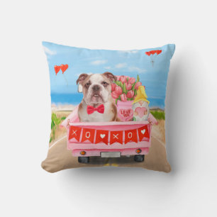 English Bulldog Valentine's Day Truck Hearts Cushion