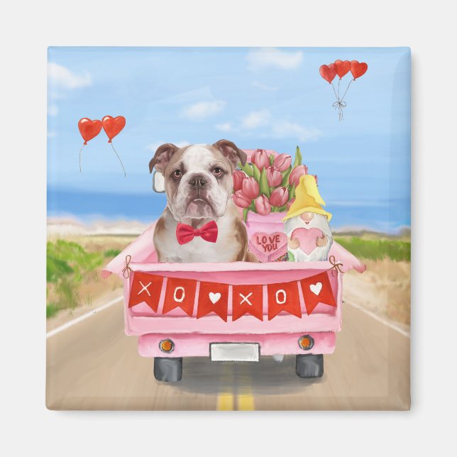 English Bulldog Valentine's Day Truck Hearts Magnet (Front)