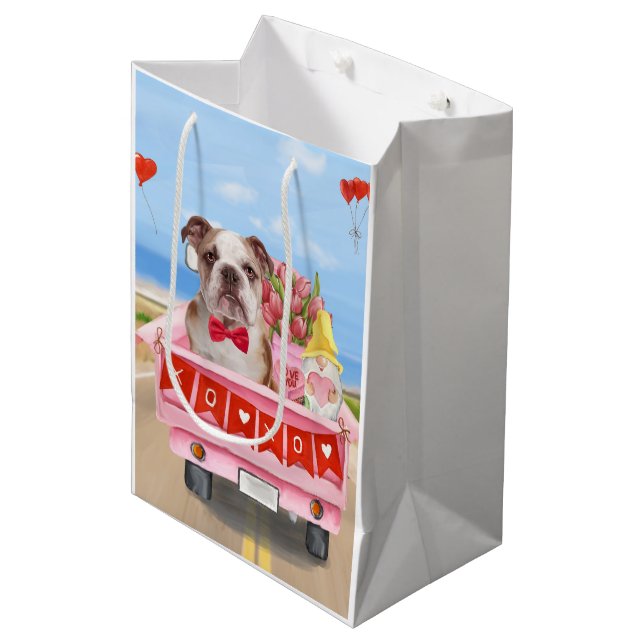 English Bulldog Valentine's Day Truck Hearts Medium Gift Bag (Front Angled)