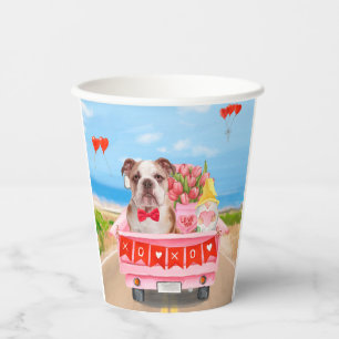 English Bulldog Valentine's Day Truck Hearts Paper Cups