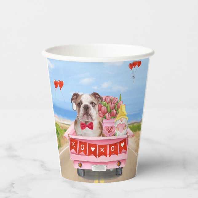 English Bulldog Valentine's Day Truck Hearts Paper Cups (Front)
