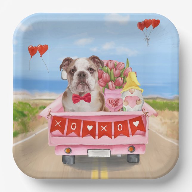 English Bulldog Valentine's Day Truck Hearts Paper Plate (Front)