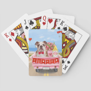 English Bulldog Valentine's Day Truck Hearts Playing Cards