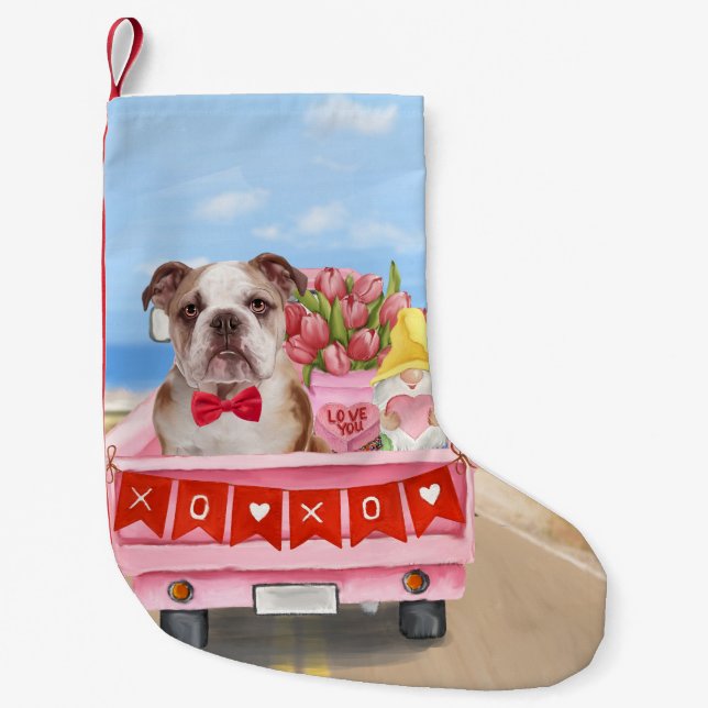English Bulldog Valentine's Day Truck Hearts Small Christmas Stocking (Front)