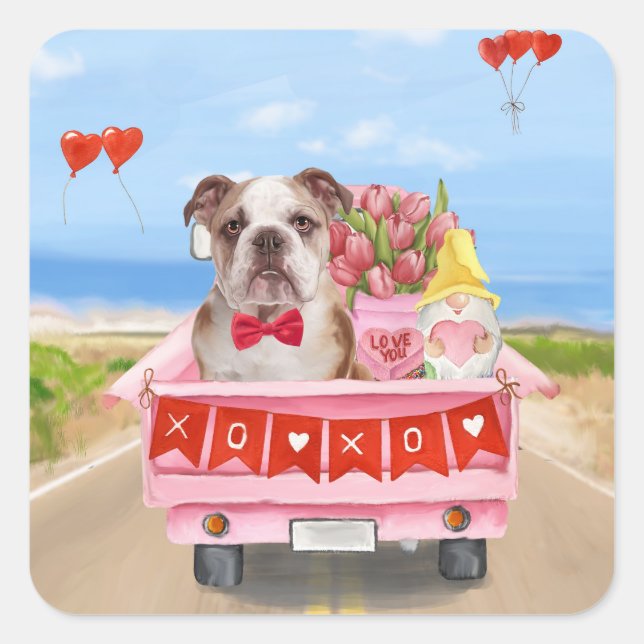 English Bulldog Valentine's Day Truck Hearts Square Sticker (Front)
