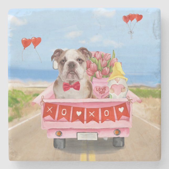 English Bulldog Valentine's Day Truck Hearts Stone Coaster (Front)