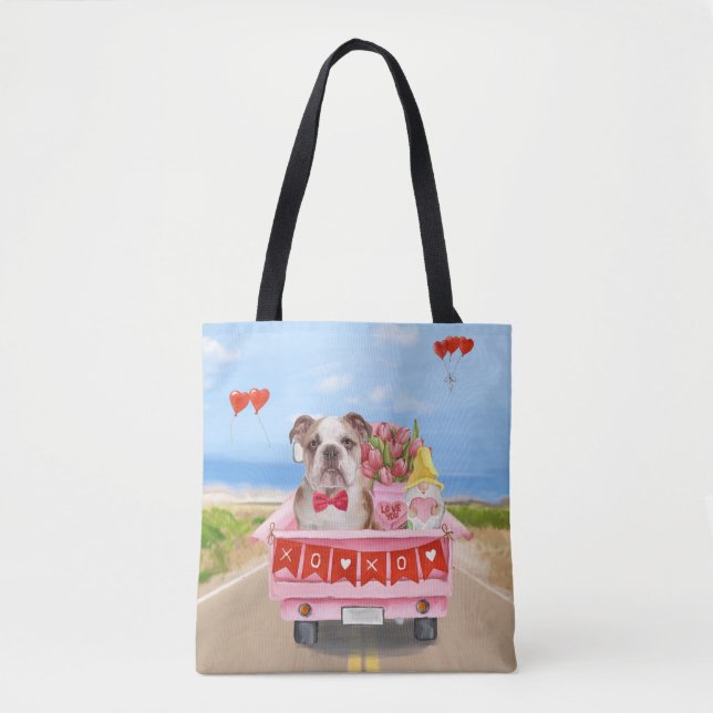 English Bulldog Valentine's Day Truck Hearts Tote Bag (Front)