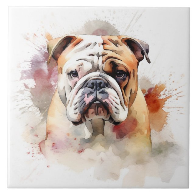 English Bulldog Watercolor Portrait Tile (Front)