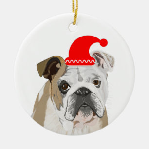 English Bulldog Wearing a Red Santa Hat Ceramic Tree Decoration