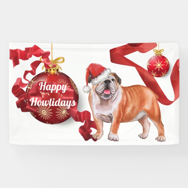 English bulldog wearing Christmas hat tree balls B Banner (Horizontal)