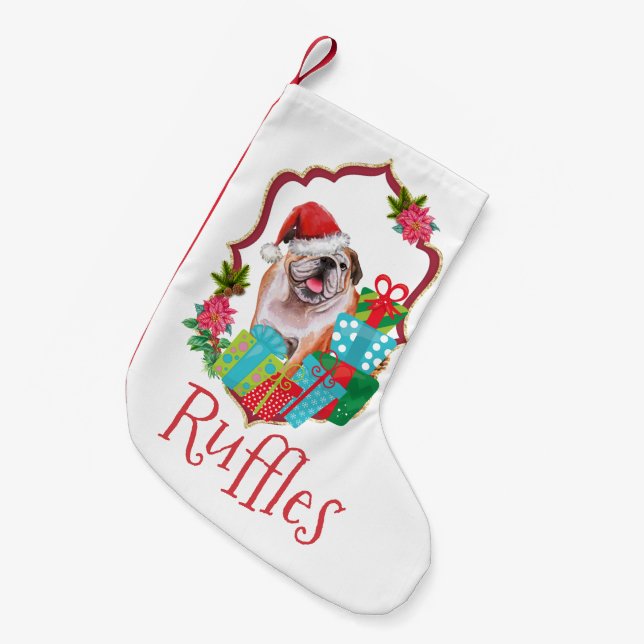 English bulldog wearing hat Christmas wreath Small Christmas Stocking (Front (Hanging))