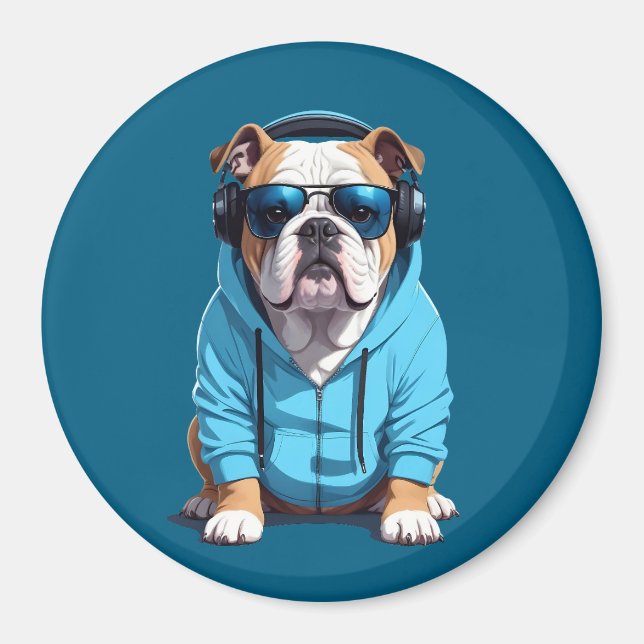 English Bulldog Wearing Hoodie Funny Cool Music Magnet (Front)