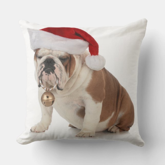 English Bulldog Wearing Santa Hat Cushion (Front)