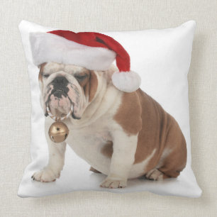 English Bulldog Wearing Santa Hat Cushion