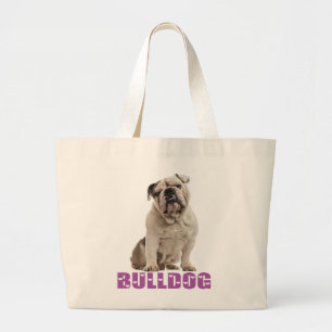 English Bulldog White & Tan Puppy Dog Purple Love Large Tote Bag