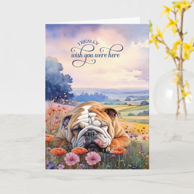 English Bulldog Wildflowers Miss You Card (Yellow Flower)