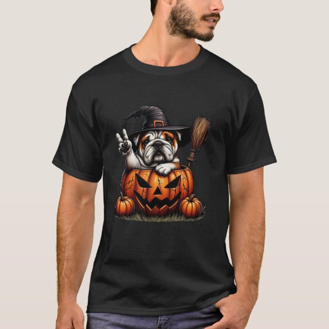 English Bulldog Witch Pumpkin Halloween Mens Women T-Shirt (Front)