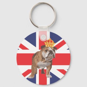 English Bulldog with Crown and Union Jack Key Ring