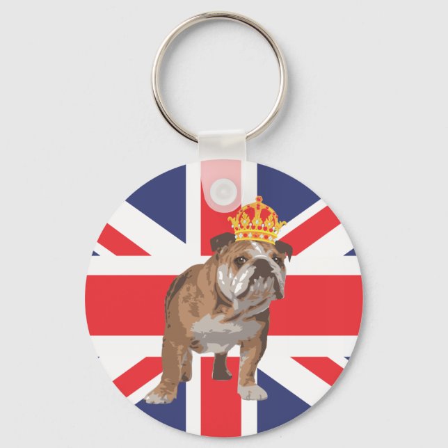 English Bulldog with Crown and Union Jack Key Ring (Front)