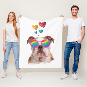 English Bulldog with Hearts Valentine's Day Fleece Blanket