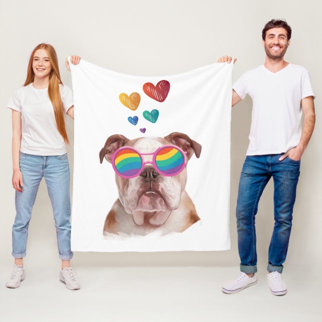 English Bulldog with Hearts Valentine's Day Fleece Blanket (In Situ)