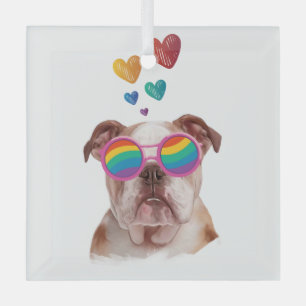 English Bulldog with Hearts Valentine's Day Glass Tree Decoration