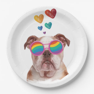 English Bulldog with Hearts Valentine's Day Paper Plate