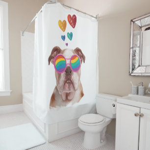 English Bulldog with Hearts Valentine's Day Shower Curtain