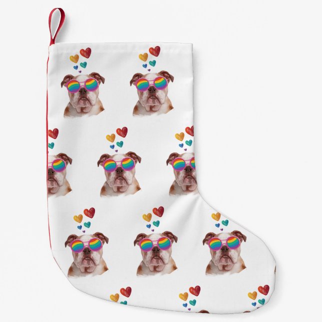 English Bulldog with Hearts Valentine's Day Small Christmas Stocking (Front)
