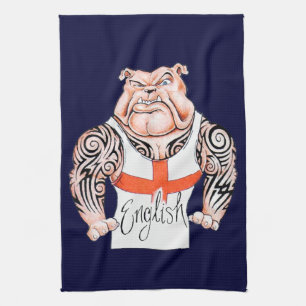 English Bulldog with Tribal Tattoo on Arms Tea Towel