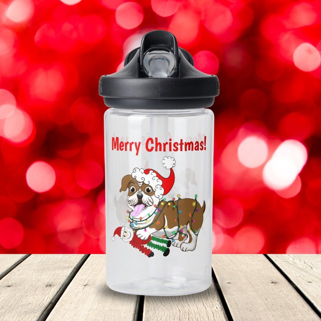 English Bulldog With Xmas Lights Merry Christmas Water Bottle (Spread Bulldog cheer with our Merry Christmas Bulldog Water Bottle!)