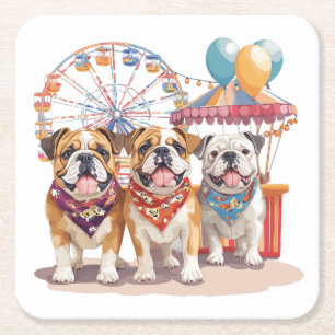 English Bulldogs At A Carnival Square Paper Coaster