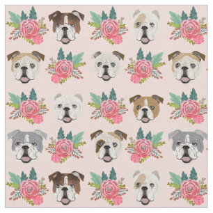 English Bulldogs dogs pink florals Fabric