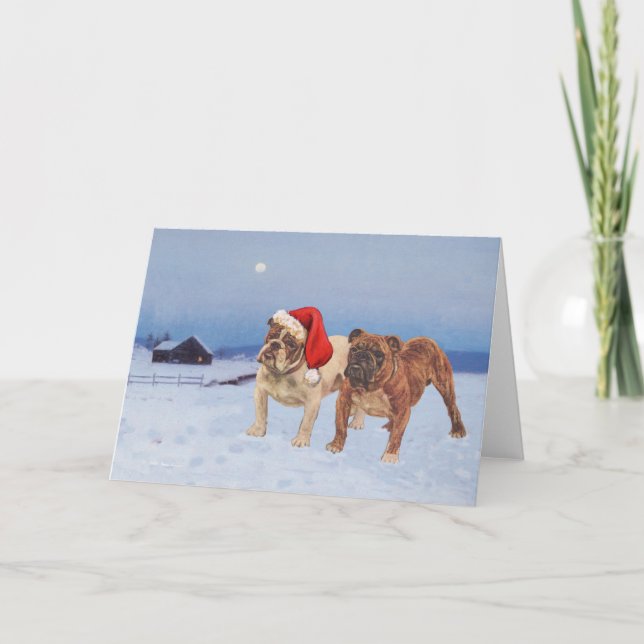 English Bulldogs on Crisp Winter Night Holiday Card (Front)