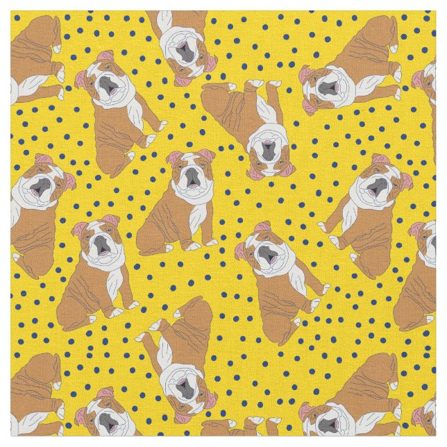 English Bulldogs Patterned Yellow, Blue Polka Dots Fabric (Close Up)