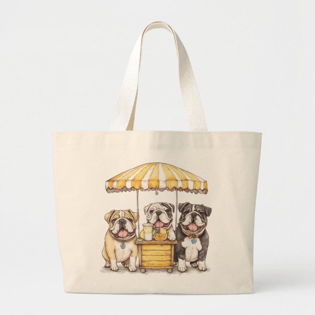 English Bulldogs Running A Lemonade Stand Large Tote Bag (Front)