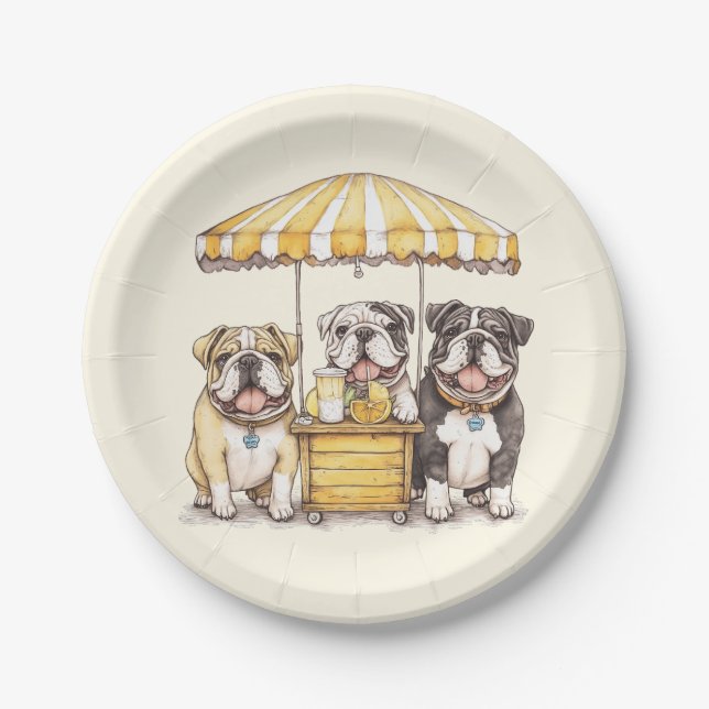 English Bulldogs Running A Lemonade Stand Paper Plate (Front)